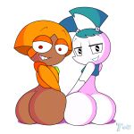 2girls ass black_eyes blue_hair dark-skinned_female female_focus flat_chest jenny_wakeman looking_back my_life_as_a_teenage_robot naughty_face nickelodeon ok_k.o.!_let's_be_heroes orange_hair red_eyes robot robot_joints shannon_boxman simple_background sitting smile transparent_background twintails xj-9 younger_female