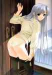  1girl ass back bed blue_eyes bottomless dressing hashimoto_takashi hentai highres kagihime_monogatari_eikyu_alice_rondo kirisaki_risa lace-trimmed_panties leaning leaning_forward long_hair looking_back no_pants panties pantyhose pantyhose_pull purple_eyes silver_hair solo underwear undressing white_panties 