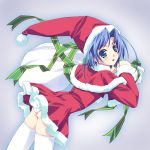 1girl blue_eyes blue_hair blush capelet christmas f-ism hat hentai highres murakami_suigun panties pantyshot pantyshot_(standing) santa santa_costume santa_hat short_hair solo standing thighhighs underwear white_legwear white_panties white_thighhighs