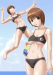 1girl armpits barefoot beach_volleyball bikini black_bikini breasts brown_eyes brown_hair feet hentai japan jumping legs makochin muscle navel original short_hair sports_bra standing swimsuit tone toned underboob undersized_clothes volleyball