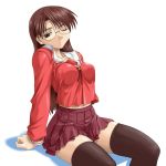  1girl azumanga_daioh breasts brown_eyes brown_hair glasses hentai impossible_clothes impossible_clothing impossible_shirt koyomi_mizuhara long_hair midriff mizuhara_koyomi one_eye_closed pleated_skirt school_uniform seifuku serafuku shirt skirt solo thighhighs umekichi wink yomi zettai_ryouiki 