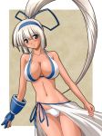  1girl abu blue_eyes blush breasts cleavage duplicate dutch_angle gloves hair_ribbon hairband halterneck hentai large_breasts long_hair majikina_mina navel panties ponytail ribbon samurai_spirits skirt snk solo thigh_gap thighs underwear very_long_hair white_hair white_panties 