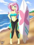 beach bikini blue_bikini feet fluttershy fluttershy_(mlp) foot green_eyes holding human ocean standing surfboard surfer_girl surfing waves wetsuit yellow_skin