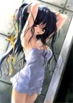 1girl adjusting_hair armpits arms_up bath between_breasts blue_eyes blue_hair breasts cleavage glasses hair_ribbon hair_ribbons hentai highres impossible_towel long_hair miwa_yoshikazu mouth_hold naked_towel ribbon solo towel wet wet_clothes