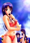  artist_request big_breasts bikini character_request copyright_request ice_cream purple_eyes purple_hair 