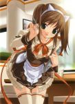 animal_ears brown_hair duplicate green_eyes hentai highres koku restaurant skirt thighhighs twintails uniform waitress