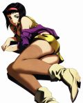 1girl ass black_hair boots clothing cowboy_bebop faye_valentine female fingernails footwear green_eyes hairband high_resolution long_fingernails lying nail orange_hairband pantyhose short_hair solo thighhighs