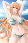 1girl alluring aslind_samure aslindsamure beach big_breasts blue_sky brown_eyes cleavage nami ocean one_piece orange_hair pin_up posing