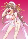 brown_hair hentai highres kuroda_kazuya maid mouth_hold naked_apron purple_eyes see-through twintails