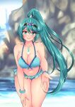 1girl absurd_res alluring big_breasts bikini bikini_skirt blue_sky cleavage commission day green_eyes green_hair hair_between_eyes high_res long_hair looking_at_viewer navel nintendo onsen outside outstretched_hand pneuma_(xenoblade) ponytail rock sky smile sugarbell swimsuit water xenoblade_(series) xenoblade_chronicles_2