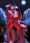 1girl annham anthro artist_name big_breasts black_hair bovid bovine breasts cattle clothing detailed_background front_view furry grin high_res horn looking_at_viewer mammal momo_(javya) multicolored_fur multicolored_tail nature night partially_submerged pinup ponytail pose red_eyes robe solo_female tail thighs undressing