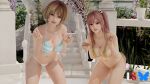 2_girls alluring big_breasts bikini blender_(software) blonde_hair blue_eyes brown_hair cleavage dead_or_alive dead_or_alive_6 dead_or_alive_xtreme_venus_vacation female_focus female_only flower hair_ornament honoka honoka_(doa) le_sandman leaning_forward long_hair looking_at_viewer meg_(doa) multiple_girls navel one_side_up open_mouth pink_hair plant red_eyes short_hair side-tie_bikini_bottom skull_hair_ornament smile striped striped_bikini swimsuit tagme tecmo xnalara