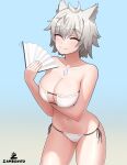 1girl 1girl :3 alluring big_breasts bikini cat_ears catgirl cleavage core_crystal grey_hair hand_fan na'el_(xenoblade) nintendo silver_hair tagme xenoblade_(series) xenoblade_chronicles_3 yellow_eyes zambonito