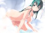 1girl ai_(popotan) barefoot bath bent_over blush breasts censored convenient_censoring feet game_cg green_eyes green_hair hentai large_breasts long_hair nude popotan solo steam toes watanabe_akio wet