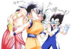 3boys black_hair blush broly couple dragon_ball dragon_ball_z duo earrings kissing love male male_only multiple_boys saiyan son_goku vegeta yaoi