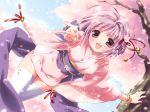  1girl :d bell brown_eyes cherry_blossoms flower japanese_clothes kamiya_maneki kimono open_mouth original original_character photoshop_(medium) pink_kimono purple_hair ribbon smile solo techgian thighhighs 