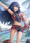 1girl 1girl 1girl :d alluring alternate_costume arm_strap arm_up armpits bad_id bad_pixiv_id bangs bare_legs belt bikini blue_bikini blue_eyes blue_hair blue_shorts blue_swimsuit blush crop_top day female_only fire_emblem fire_emblem_awakening fire_emblem_cipher gonzarez heroine high_res innertube leg_lift long_hair looking_at_viewer lucina lucina_(fire_emblem) lucina_(summer)_(fire_emblem) medium_breasts navel nintendo ocean official_alternate_costume open_mouth outside short_shorts shorts sleeveless small_breasts smile standing standing_on_one_leg stomach swimsuit thighs tiara water water_drop