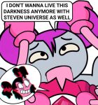 :>= adult_swim afro_puffs ahegao_face blue_skin cartoon_network clothing corrupted crossover deepthroat edited glitch hair_grab hand_on_hair learning_with_pibby leggings pibby pink_gloves pink_hair pink_pants pink_skin smiley_face speech_bubble spinel_(steven_universe) steven_universe weird_crossover white_background white_shirt