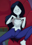 1girl 1girl 2024 2d adventure_time black_hair cartoon_network couch fangs female_focus female_only full_color grey_skin long_hair marceline newguy1091 no_bra no_penetration pubic_hair shirt_up small_breasts solo_female vampire vampire_girl