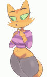 1girl 1girl 1girls 2024 adult_female anthro arms_bent belly belly_tuft big_breasts big_eyes biped black_eyebrows bottomwear breasts cheek_tuft clothed clothed_anthro clothed_female clothing digital_drawing_(artwork) digital_media_(artwork) domestic_cat eyebrows facial_markings facial_tuft felid feline felis female_anthro female_only fingers fingers_together fran_(litterbox_comics) fully_clothed fully_clothed_anthro fully_clothed_female fur fur_tuft furry green_eyes green_sclera grey_bottomwear grey_clothing grey_pants head_markings high_res legs_together litterbox_comics looking_aside mammal markings mature_anthro mature_female midriff milf navel newguy1091 open_mouth orange_body orange_ears orange_fur orange_stripes orange_tail pants pattern_clothing pattern_shirt pattern_t-shirt pattern_topwear pink_nose portrait prick_ears purple_clothing purple_shirt purple_t-shirt purple_topwear shirt simple_background slightly_chubby slightly_chubby_anthro slightly_chubby_female solo_female standing striped_arms striped_clothing striped_face striped_markings striped_shirt striped_t-shirt striped_tail striped_topwear stripes t-shirt tabby_cat tail tail_markings thick_thighs three-quarter_portrait tongue topwear tuft webcomic white_background wide_hips