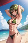 abs ai_generated beach bikini breasts brown_eyes green_hair looking_at_viewer muscular muscular_female nuggeto smile