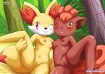 1girl 2_girls anthro bbmbbf breasts fennekin nintendo nude palcomix pokemon pokepornlive pussy take_your_pick vulpix