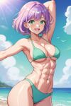 abs ai_generated beach bikini breasts green_eyes looking_at_viewer muscular muscular_female nuggeto purple_hair smile