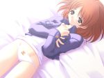 1girl blush brown_hair clothes_writing clothing_writing game_cg glasses hentai kimi_no_omoi_sono_negai no_pants panties paw_print print_panties printed_panties sakata_akari solo underwear