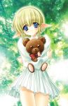  1girl annette annette_vaslois bear blonde_hair blue_eyes carnelian cg_art clothing doll dress elf female forest high_resolution long_sleeves moldavite nature outdoors pointed_ears short_hair skirt solo stuffed_animal stuffed_toy teddy_bear 