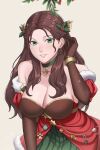 1girl 1girl 1girl absurd_res alluring alternate_costume bare_shoulders big_breasts brown_gloves brown_hair choker christmas christmas_ornaments cleavage collarbone dorothea_arnault dorothea_arnault_(winter) earrings elbow_gloves female_only fire_emblem fire_emblem:_three_houses fire_emblem_heroes fire_emblem_warriors:_three_hopes fur_trim gloves green_choker green_eyes grin high_res ikhwan_maulana jewelry lips long_hair looking_at_viewer mistletoe mistletoe_hair_ornament nintendo official_alternate_costume official_alternate_hairstyle parted_lips smile star_(symbol) star_choker wavy_hair