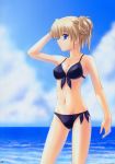  1girl archway_of_venus beach bikini black_bikini black_swimsuit blonde_hair blue_eyes blush breasts canvas_(cocktail_soft) cg_art clavicle cleavage clothing cloud cloudy_sky cowboy_shot cross-do day double_bun doujinshi female front-tie_top game_cg gluteal_fold hair_up hand_in_hair in_profile japanese_language looking_to_the_side masakichi_(crossroad) medium_breasts navel ocean one_arm_up outdoors potential_duplicate saano_chia sakurazuka_ren scan short_hair side-tie_bikini sky solo swimsuit water 