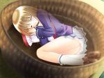 anime basket blonde_hair female outdoor schoolgirl sleeping socks