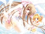  2girls animal_ears ball beachball bikini blonde_hair brown_hair bunny_ears fox_ears game_cg hentai highres jpeg_artifacts moekibara_fumitake multiple_girls piz purism_egoist purple_eyes red_eyes run_(purism_egoist) sky splash splashing swimsuit violet_eyes water 