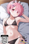 1girl arm_behind_head armpits bangs bare_shoulders bed bed_sheet bikini bikini_bottom black_bikini black_swimsuit blush breasts clavicle closed_mouth clothing eyes_visible_through_hair female_only flower hair_flower hair_ornament hair_over_one_eye hairclip halterneck headwear littlehentai looking_at_viewer lying medium_breasts navel on_back on_bed pillow pink_eyes pink_hair qr_code ram_(re:zero) re:zero_kara_hajimeru_isekai_seikatsu red_eyes savitar short_hair side-tie_bikini_bottom side-tie_clothing side-tie_swimsuit small_breasts smile solo_female stomach swimsuit x_hair_ornament