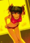 1girl alternate_hairstyle bangs bent_over bikini bikini_pull black_hair blue_eyes blush breasts dark_hair double_bun double_vertical_stripe dutch_angle erect_nipples eyebrows hair_between_eyes hair_ribbon hair_ribbons hentai highres kobayashi_yuji kobayashi_yuuji looking_at_viewer nagko panties panty_pull pulled_by_self ribbon ribbons shirt short_hair signature smile solo sports_bikini standing swimsuit taut_clothes taut_shirt thigh_gap underwear undressing