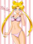 1girl adjusting_bra alluring bishoujo_senshi_sailor_moon blonde_hair blue_eyes bra breasts double_bun female_only gentoku lingerie long_twintails looking_at_viewer panties pink_bra pink_panties small_breasts tsukino_usagi twin_tails underwear_only usagi_tsukino