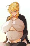 1girl 41_(taskmaster41) artoria_pendragon artoria_pendragon_(lancer) black_coat black_pants blonde_hair blush braid coat fate/grand_order fate_(series) hair_between_eyes holding_stomach huge_belly huge_breasts pants pregnant ready_to_pop sitting smile white_background white_shirt wholesome