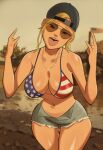 1girl 1girl 1girl 1girls 2020s 2023 adult adult_female adult_girl alternate_version_at_source american_flag_bikini background_character backwards_baseball_cap backwards_cap baseball_cap belly_button big_breasts big_breasts big_breasts bikini bikini_top black_headwear blonde_hair bottomwear breasts brown-tinted_eyewear cap cleavage clothed clothed_female clothes clothing cowboy_shot curvaceous curvy denim_shorts devil_horns_(gesture) evening eyewear front_view fully_clothed gesture grand_theft_auto grand_theft_auto_vi grey_bottomwear grin gta_pedestrians hair half-closed_eyes happy hat headwear high_res human jean_shorts legs_together light-skinned_female light_skin long_hair long_hair_female looking_at_viewer midriff mud_girl_(gta_vi) navel necklace newguy1091 npc open_mouth outside pose posing redneck redneck_girl rockstar_games shorts smile smiling_at_viewer snapback solo_female standing stomach strong_tomboy_(spectrum) sunglasses teeth thick_thighs thigh_gap thighs tinted_eyewear tomboy tongue tongue_out unnamed_character video_game_franchise voluptuous western_art wide_hips