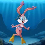 1girl ai_generated anthro babs_bunny bikini bikini_top_down bow breasts bubbles diving_mask female flippers furry mask navel nipples ocean purple_bikini purple_swimsuit rabbit sea side-tie_bikini small_breasts solo swimming swimsuit tiny_toon_adventures underwater warner_brothers water