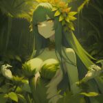 1girl ai_generated cleavage female_focus flower flower_in_hair forest green_hair jungle medium_breasts monster monster_girl nature original original_character plant_girl stable_diffusion yellow_eyes