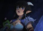 1girl black_hair blue_eyes blush breasts cleavage dark-skinned_female dark_skin demon_girl demon_horns earrings fang hair_between_eyes horns jewelry long_hair medium_breasts momo_kyun_sword neck necklace onihime_(momokyun) open_mouth pointy_ears revealing_clothes screencap upper_body