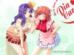  2girls 4:3_aspect_ratio bent_over blush bracelet carrot_hair_ornament clothing female food-themed_hair_ornament food_themed_hair_ornament green_eyes hair_ornament hand_on_hip high_resolution himekawa_kazumi_(pia_carrot) jewelry kimizuka_aoi leaning_forward long_hair midou_chihiro_(pia_carrot) multiple_girls necklace one_eye_closed orange_hair pia_carrot_(series) pia_carrot_e_youkoso!! purple_eyes purple_hair ribbon short_hair skirt smile wallpaper 