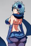 1girl ai_generated ass ass_grab big_ass big_breasts bikini_top blue_eyes blue_hair blue_rose drag-on_dragoon drakengard elbow_sleeves flower_in_hair looking_at_viewer looking_back microskirt rear_view scarf short_hair thick_thighs two_(drag-on_dragoon) two_(drakengard)