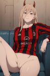 ac_milan blonde_hair bottomless chainsaw_man demon_girl demon_horns long_hair long_sleeves looking_at_viewer milan nekom14 no_panties no_pants orange_eyes power_(chainsaw_man) pussy sitting_on_couch soccer_jersey spread_legs