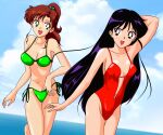 1990s_(style) 2_girls :d alluring arm_up bikini bishoujo_senshi_sailor_moon black_eyes black_hair brown_hair casual_one-piece_bikini gentoku green_bikini green_eyes hair_bobbles hair_ornament high_res hino_rei kino_makoto long_hair long_legs makoto_kino multiple_girls ocean one-piece_bikini open_mouth ponytail rei_hino side-tie_bikini_bottom sky smile swimsuit