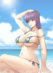 1girl alluring areola_slip arm_up ayane ayane_(doa) beach big_breasts bikini cleavage dead_or_alive dead_or_alive_2 dead_or_alive_3 dead_or_alive_4 dead_or_alive_5 dead_or_alive_6 dead_or_alive_xtreme dead_or_alive_xtreme_2 dead_or_alive_xtreme_3 dead_or_alive_xtreme_3_fortune dead_or_alive_xtreme_beach_volleyball dead_or_alive_xtreme_venus_vacation hand_in_own_hair high_res kunoichi looking_at_viewer minpei_ichigo navel ocean purple_hair red_eyes silf sitting sun swimsuit tecmo under_boob