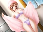 1girl :p aso_suzune asou_suzune bra brown_hair dutch_angle floralia game_cg hentai lingerie masaharu open_towel panties purple_bra purple_panties red_eyes shower solo standing thigh_gap thighs tongue tongue_out towel ui-chan_no_niizuma_diary ui_chan_no_niiduma_diary underwear underwear_only