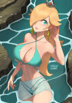 1girl alluring athletic_female barleyshake big_breasts bikini blonde_hair blue_bikini blue_eyes blue_skirt blush cleavage collarbone crown earrings female_abs fit_female hair_over_one_eye high_res jewelry long_hair looking_to_the_side mario_(series) navel nintendo princess princess_rosalina river see-through_clothes see-through_skirt skirt standing star_(symbol) star_earrings super_mario_bros. swimsuit wading water