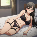 1girl 1girl alluring bedroom big_breasts black_hair bra cleavage grey_eyes lingerie panties shizuka_hiratsuka spairk1313 teacher underwear yahari_ore_no_seishun_lovecome_wa_machigatteiru.