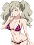 1girl 1girl animal_print ann_takamaki atlus big_breasts bikini blue_eyes breasts cleavage closed_mouth collarbone commentary_request cowboy_shot grey_hair hair_ornament hairclip index_finger_raised leopard_print long_hair looking_at_viewer navel persona persona_5 print_bikini purple_bikini ra-pen simple_background smile string_bikini swept_bangs swimsuit twin_tails white_background